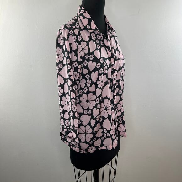 KATE SPADE Black Pink Top Clover Hearts Print Collared PJ Button-Up Medium M - Picture 4 of 11